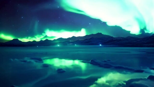 glowing northern lights dancing in the night sky, aurora borealis reflection on the lake