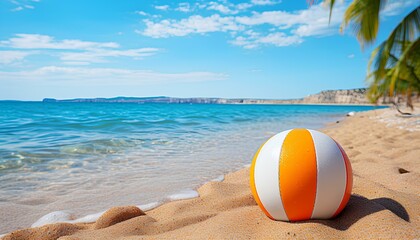 beach ball on a tropical sandy beach during summer. Beach ball in sand. Summertime vacation with clear blue water and the sun