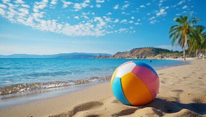 beach ball on a tropical sandy beach during summer. Beach ball in sand. Summertime vacation with...