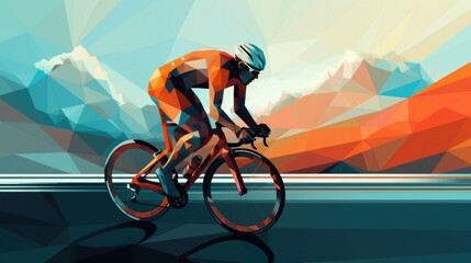 long distance cyclist Geometry in vector on road and mountain background --ar 16:9 Job ID: a7146a42-88ed-4565-9466-a03a4de3805a