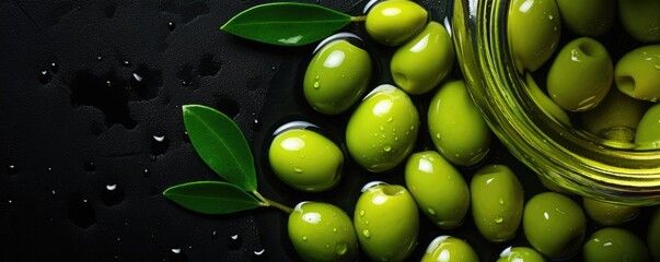 Fresh bio olive oil with ripe olives, healthy food panorama banner. Generative Ai.