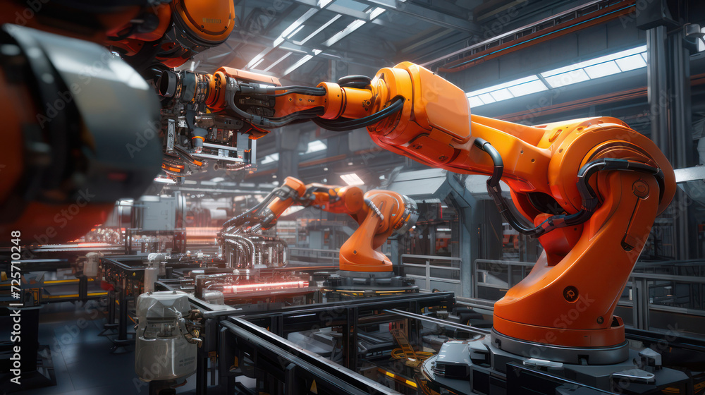 Poster robotic arm automation in a bustling car factory with advanced machinery.