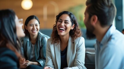 Meeting business, Diverse group of businesspeople laughing together while having a meeting in the lounge of office.