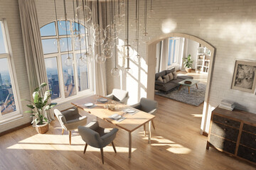 dining room interior design; contemporary luxurious design ideas and concepts; glas hanging lamps on ceiling and panoramic big city skyline view; 3D rendering