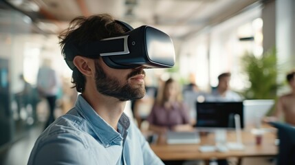 Young Businessman wearing VR glasses in start up office for meeting in the metaverse online