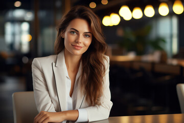 Confident Businesswoman in Modern Office: Attractive Young Female Manager with a Happy Smile and Successful Aura in Corporate Suit