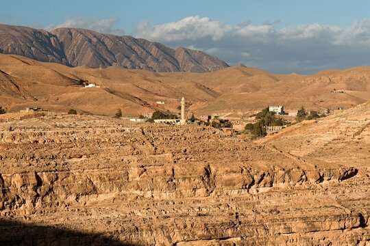 View of Ghoufi village by Ighzer Amellal river. Algeria. Africa.