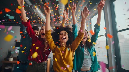 Obraz premium Joyful Celebration: Friends with Confetti in Party Atmosphere