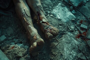 Close-up view of legs covered in blood. Suitable for crime scenes, horror themes, or medical illustrations