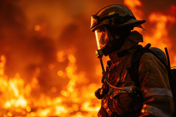 Serious Firefighter in Protective Gear, Standing Against a Smoky Background