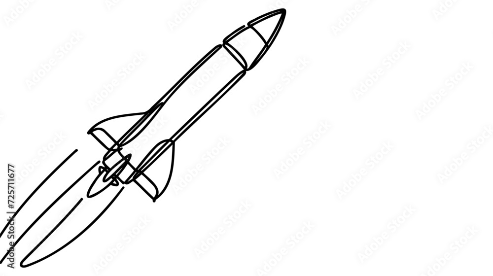 Poster rocket takeoff. spaceship launch. launch of a military ballistic missile. one continuous line. linea