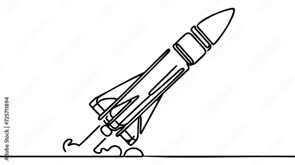 Poster rocket takeoff. spaceship launch. launch of a military ballistic missile. one continuous line. linea