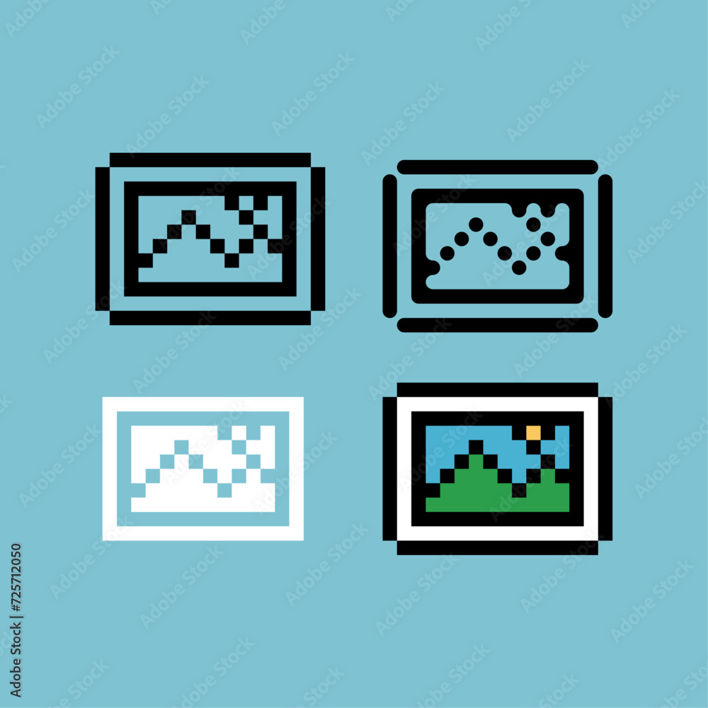 Poster pixel art outline sets icon of picture wall variation color.picture icon on pixelated style. 8bits p