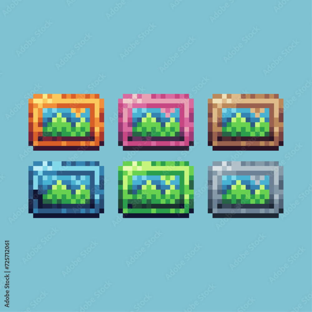 Poster pixel art sets icon of picture wall variation color.picture icon on pixelated style. 8bits perfect f