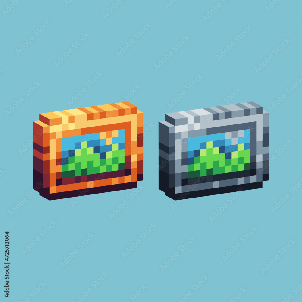 Poster isometric pixel art 3d of picture decoration wall icon for items asset. landscape picture icon on pi