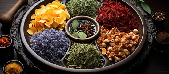 Bowl of herbal medicine concoction. Various health potions, alternative medicine. top view