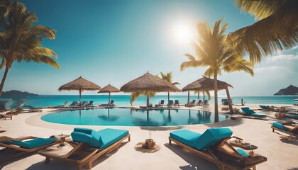 Panoramic holiday landscape. Luxurious beach resort hotel swimming pool and beach chairs or loungers