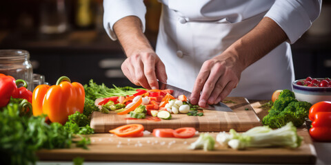 Obraz na płótnie Canvas Fresh and Healthy: Kitchen Cook Preparing Salad with Organic Vegetables