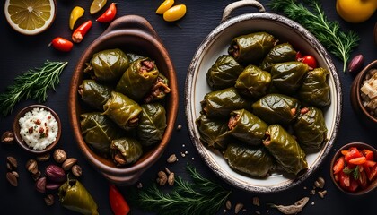 Dolma on a dark background. Traditional Caucasian, Turkish and Greek cuisine, top view
