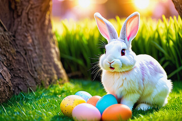 Easter bunny sitting on green lawn among Easter eggs.