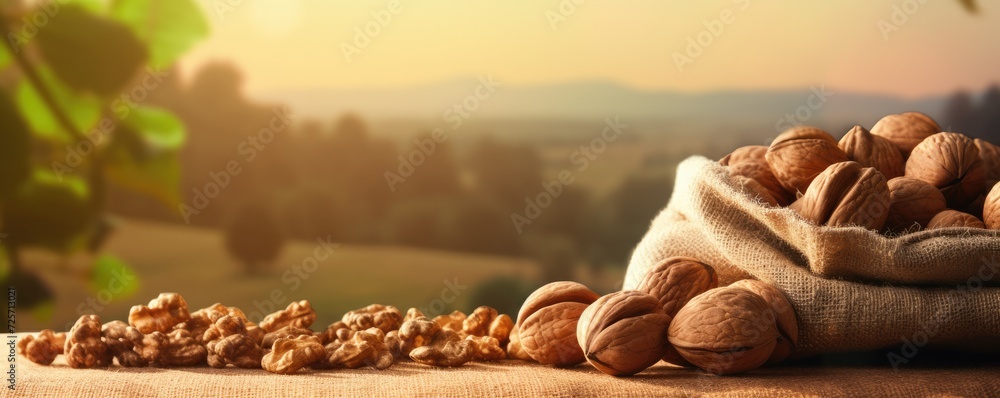 Wall mural a bag of walnuts with nature background on wooden mat, panorama. generative ai. - Wall murals