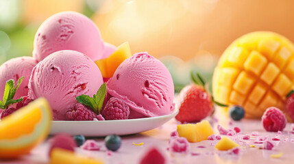 pink ice cream balls with fresh raspberries and berries on a plate, on a background of fruits and...