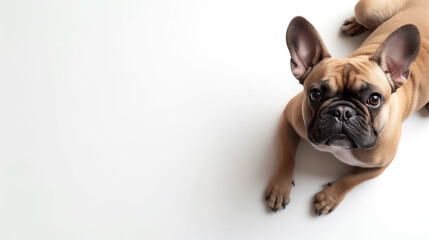 Cute french bulldog puppy, tan fawn color frenchie, looking at camera, shot from above, horizontal, room for headline, room for type, dog breeds, pet care, horizontal banner ad, veterinary, small dog