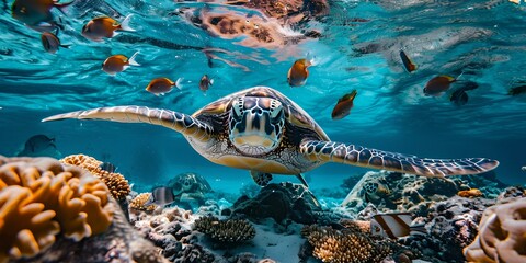 Naklejka na ściany i meble Sea turtle swimming gracefully among coral reefs in vibrant underwater scene. wildlife photography, ocean life captured in natural habitat. AI