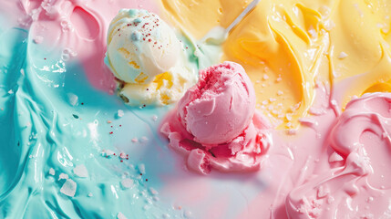.ice cream balls broken with texture, lying on a yellow, blue pink background