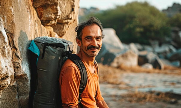 Mature indian hiker carrying a backpack having a break  on rocky landscape