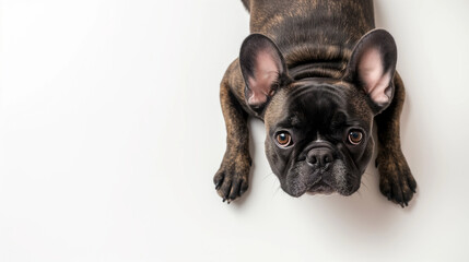 Cute french bulldog, bridle brown black frenchie, big ears, looking at camera, shot from above, room for type, dog breeds, pet care, veterinary, isolated on white background, horizontal banner ad