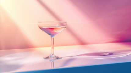 cocktail in a glass glass on a long martini stem, on a neutral peach background, sunlight