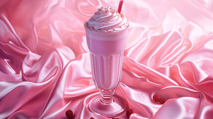 milkshake in a glass glass with cream and a straw,on a satin pink background with berries