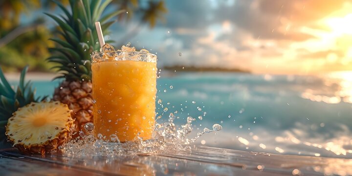Tropical beach escape with refreshing pineapple drink, perfect for summer vacations and travel brochures. AI