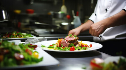 ready dish in a professional kitchen, close-up of meat in a plate with vegetables by the chef's hands