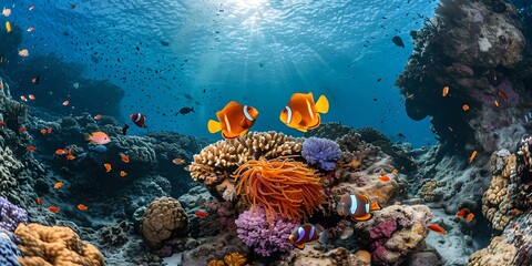 Vibrant underwater seascape with colorful coral and fish. marine life ecosystem captured in a wide-angle view. nature's underwater beauty in a snapshot. serene ocean scene  AI - obrazy, fototapety, plakaty