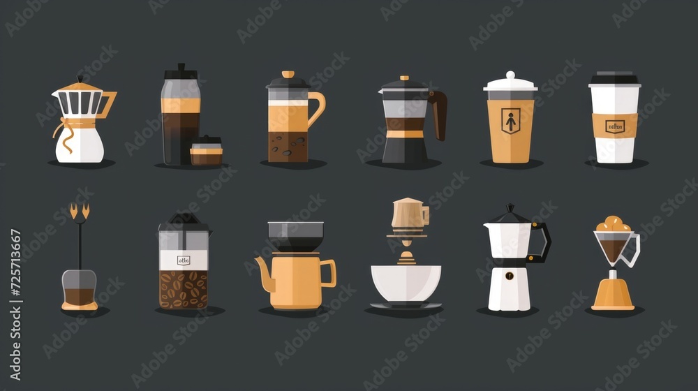 Poster a collection of coffee related items on a dark background. perfect for showcasing the variety and be
