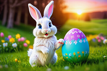 Easter bunny in a meadow holding a large easter egg in its paws..