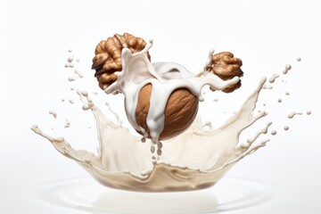 A floating open and close walnut surrounded by white milk, healthy food. Generative Ai.