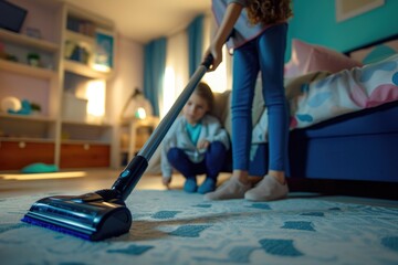 A woman using a vacuum cleaner to clean a carpet. Suitable for household cleaning and maintenance purposes