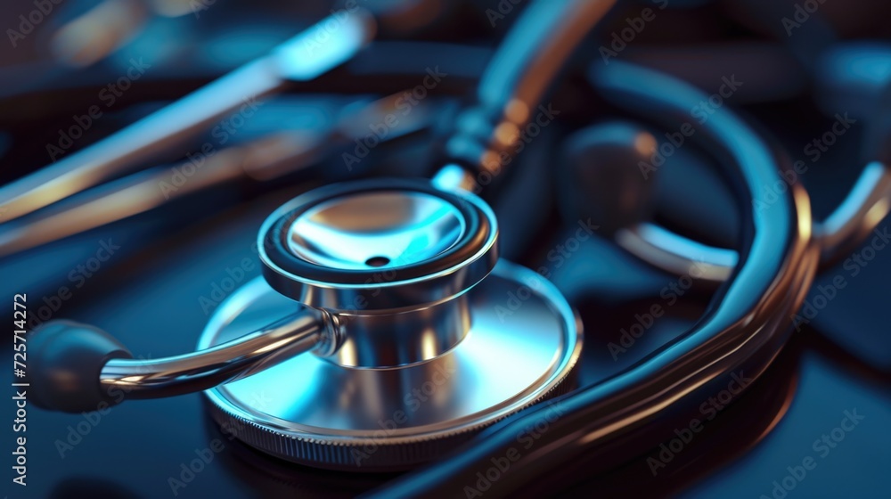 Poster a close up view of a stethoscope placed on a table. this image can be used to represent medical equi
