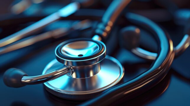 A close up view of a stethoscope placed on a table. This image can be used to represent medical equipment or healthcare concepts