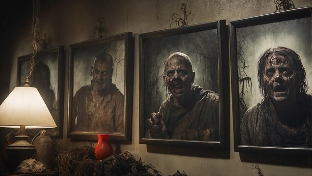 Pictures hanging on wall of horror scenes Generative AI