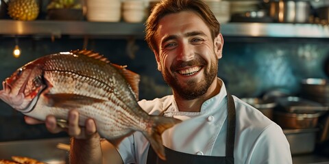 Friendly chef proudly presenting fresh fish in kitchen. culinary professionalism in casual style. seafood cuisine expertise. AI
