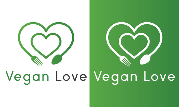 Vegan Love Logo Design Spoon and Fork with Heart Logotype vegetarian logo