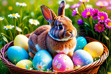 Cute rabbit sitting in a basket on a flower meadow, colorful easter eggs around.
