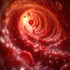 Inside the human body, a red blood cell travels through a vein. The background is a soft, organic red,  
