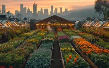Foto op Aluminium On a city rooftop, a sustainable urban farm is in full bloom. The rooftop features greenhouses made from recycled materials, an array of solar panels powers the operation, © Phimchanok