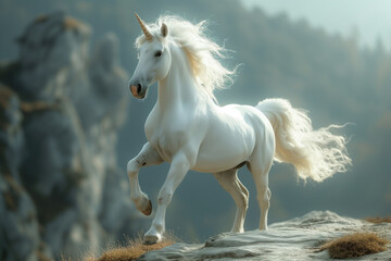 Obraz na płótnie Canvas Magic animal in fairy tale, unicorn is ready to fly, mountain top view. --ar 3:2 --stylize 750 --v 6 Job ID: 9bc2fa6e-3f3c-4345-b0f9-fe4e6717d4af