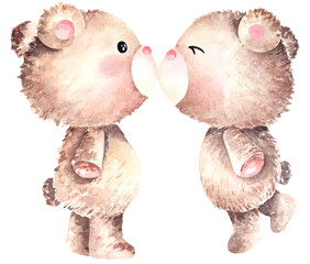 Watercolor teddy bear hand drawn illustration.Lovely Teddy Bear brown toy for valentines day...